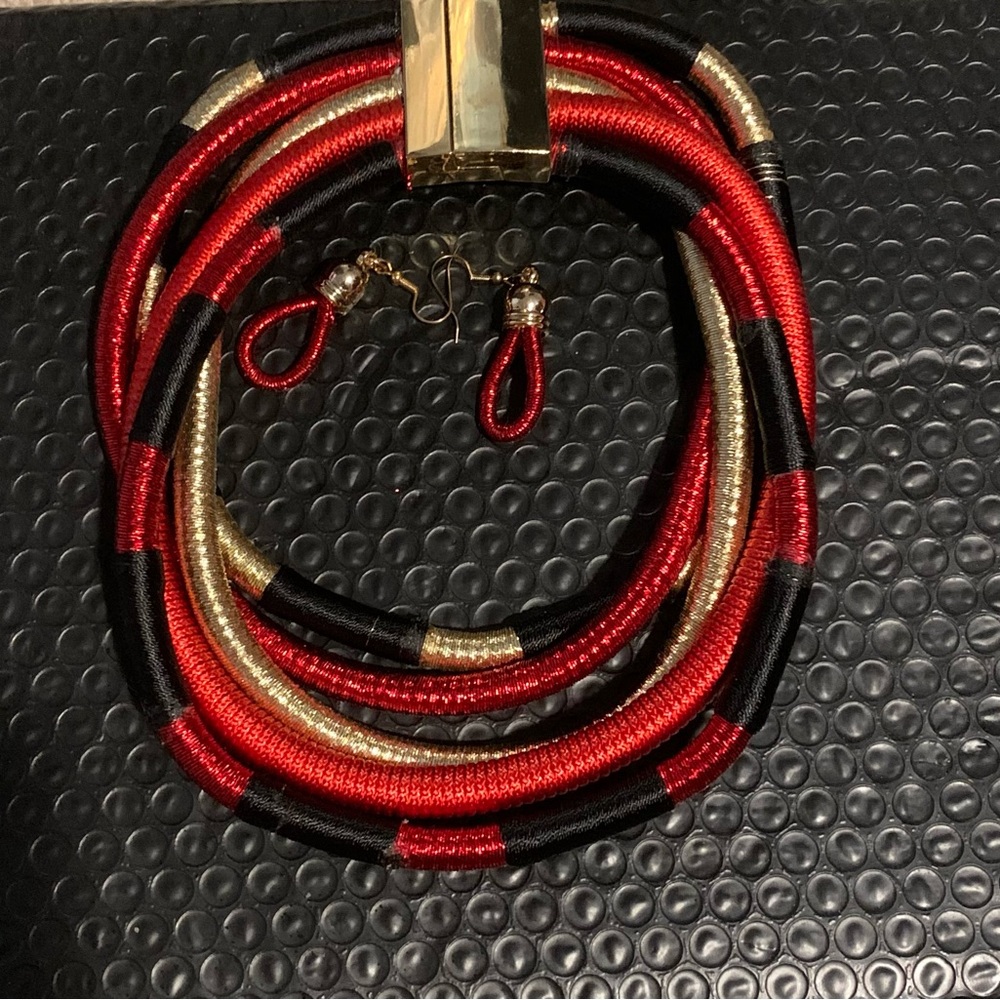 Red and Gold Statement Necklace with Earrings